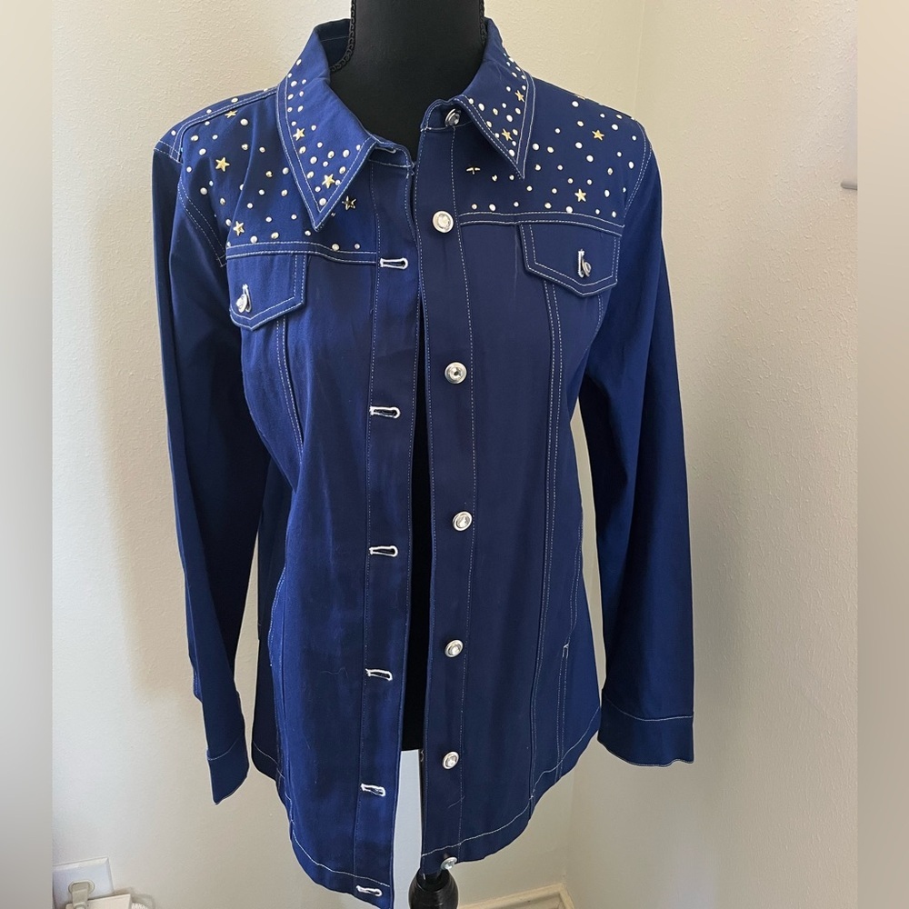 NWOT Quacker Factory L Royal Blue Star-Studded Jacket. Cotton & Spandex - Picture 3 of 16